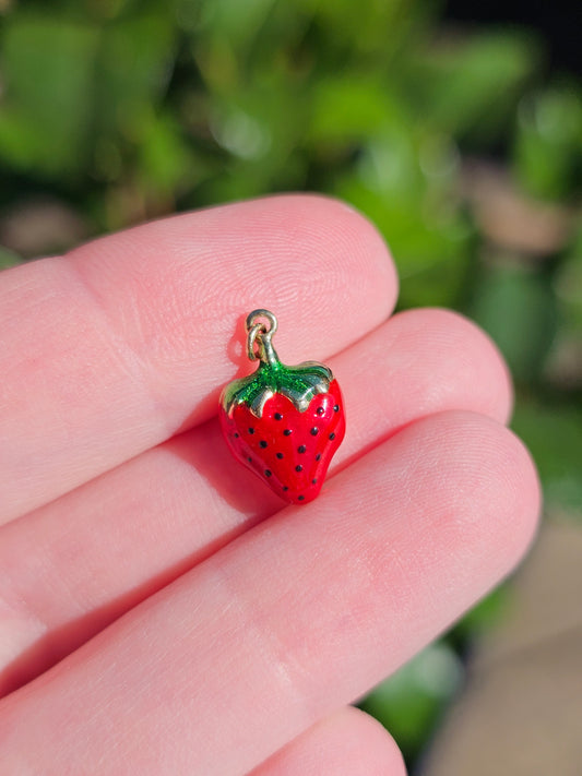 9ct Gold Strawberry Charm Pendant – Enamel Fruit Charm, Puffy 3D Strawberry, Vintage Style Gold Pendant, Cute Red Strawberry Jewellery