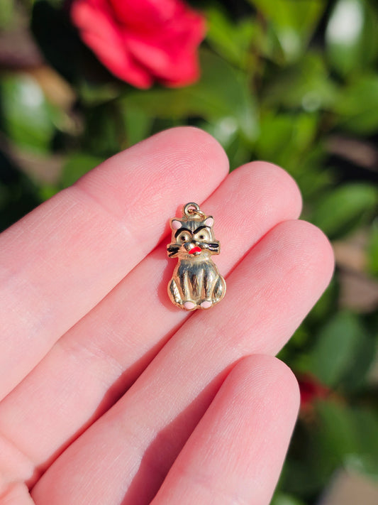 9ct Gold Cat Charm Pendant – Vintage Style Puffy Kitten Charm, Enamel Pink & Red Detail, Solid Yellow Gold 375, Cute Animal Charm, Gift for