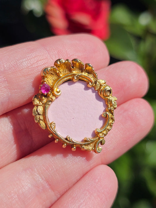 Victorian Solid 15ct Gold Portrait Miniature Frame Ruby Pendant, c.1890 Fine Antique Gold Pendant Lockets