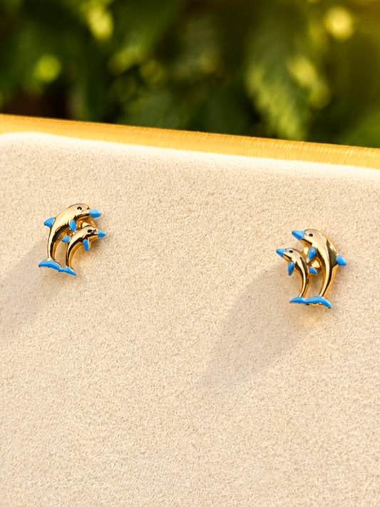 Vintage 90's 9ct Yellow Gold Blue Enamel Dolphin Stud Earrings