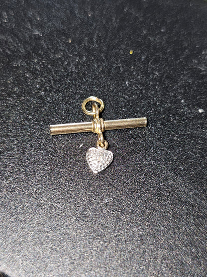 9ct Yellow Gold T-bar Dangly Diamond Heart Pendant - Charlotte Gold - tbar with charms vintage fine unique jewellery 0.70g 1.5cm tall
